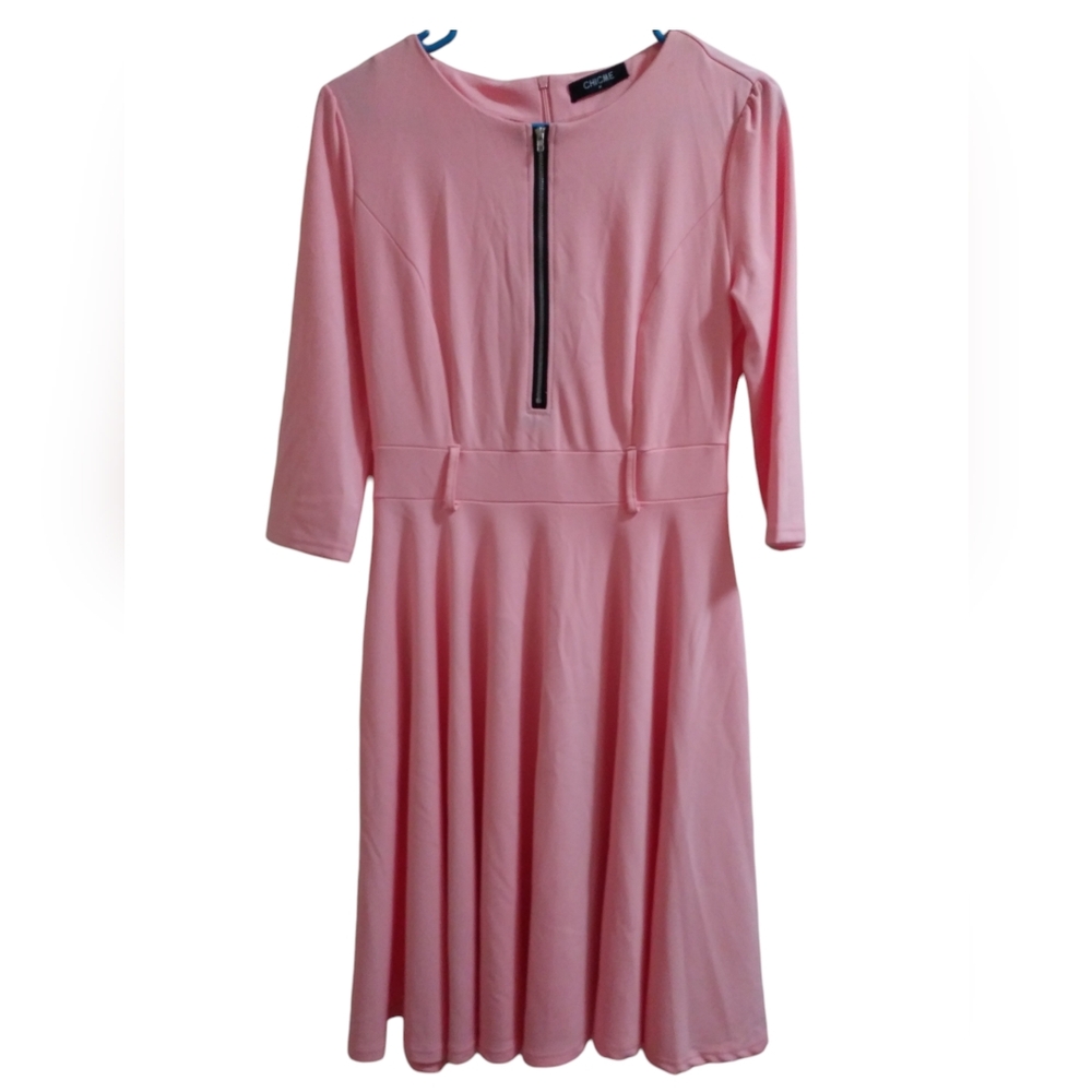 Pink Pleated A-Line Midi Dress Mock Neck(NWOT)Missing Belt